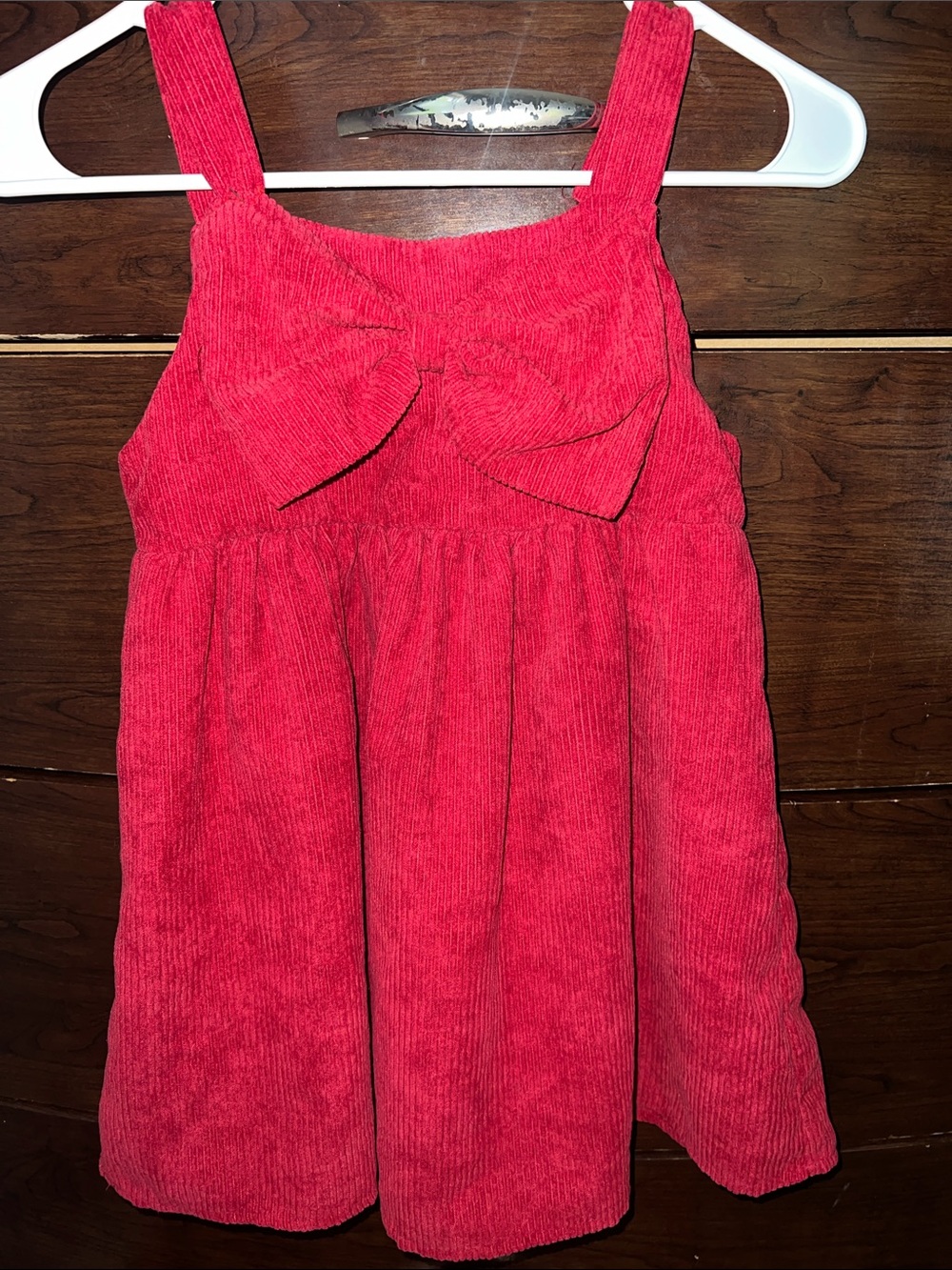 Red Corduroy Bow-Front Kids Dress